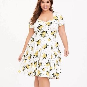 Torrid White Lemon Polka Dot Sweetheart Neckline Challis Skater Flare Dress